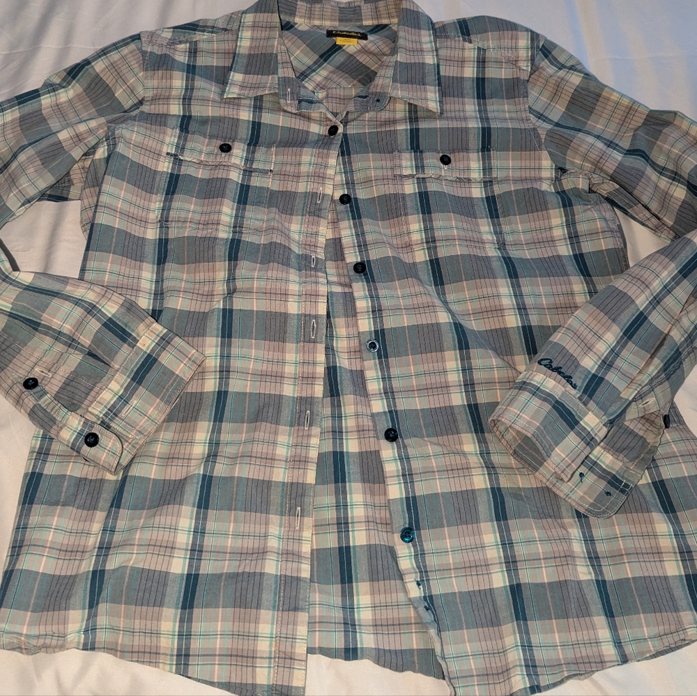 Cabela's Men's Medium Bue Plaid Button Down Dress Shirt‎